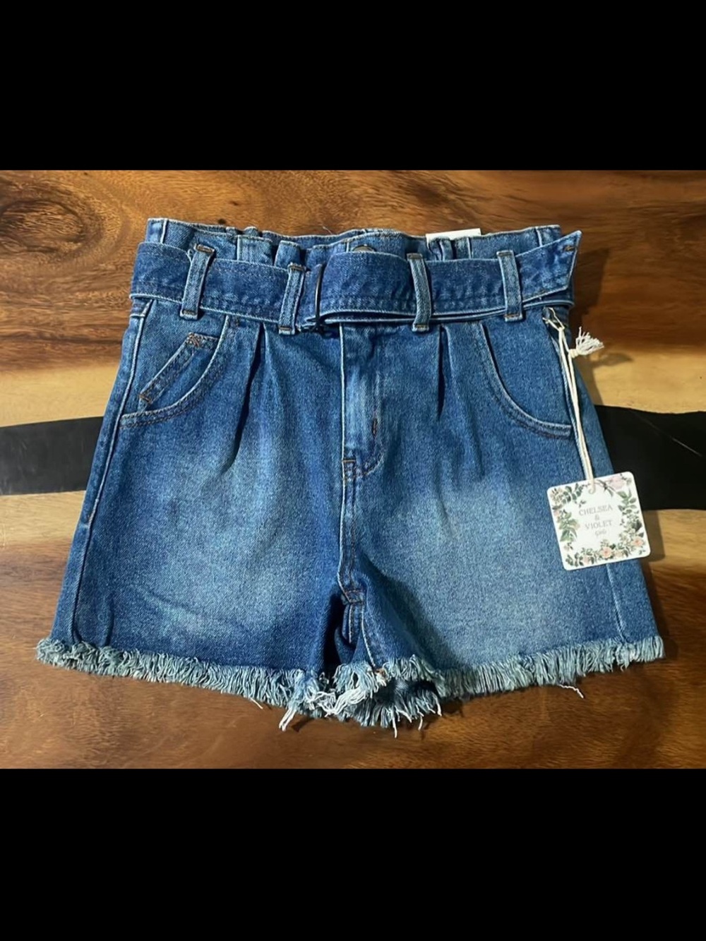 Chelsea & Violet Dark Blue Denim Paperbag Waist Shorts with Frayed Hem